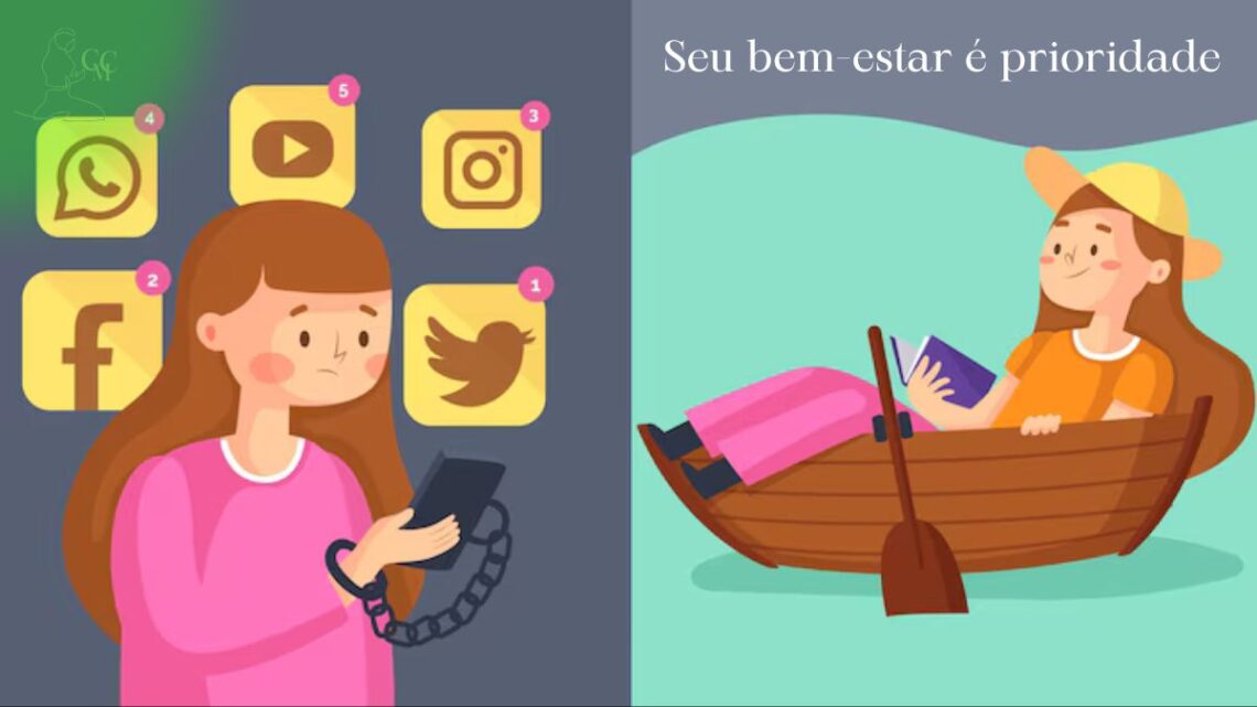 Pessoa jovem com celular no rosto, mas a mente dispersa em nuvens e símbolos de estresse, enquanto uma metade do cérebro mostra equilíbrio, simbolizando a saúde mental na era digital e a busca por bem-estar.