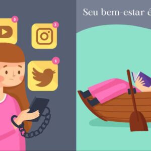 Pessoa jovem com celular no rosto, mas a mente dispersa em nuvens e símbolos de estresse, enquanto uma metade do cérebro mostra equilíbrio, simbolizando a saúde mental na era digital e a busca por bem-estar.