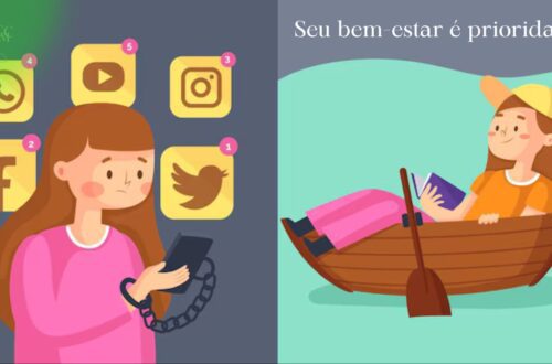 Pessoa jovem com celular no rosto, mas a mente dispersa em nuvens e símbolos de estresse, enquanto uma metade do cérebro mostra equilíbrio, simbolizando a saúde mental na era digital e a busca por bem-estar.