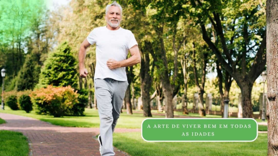 Pessoa idosa (cerca de 70-80 anos) sorrindo e praticando uma atividade leve ao ar livre (caminhada, yoga), em um ambiente vibrante e natural, simbolizando envelhecimento saudável e longevidade.