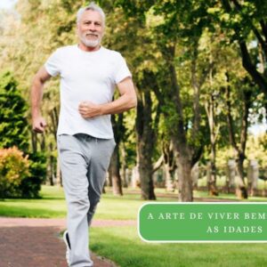 Pessoa idosa (cerca de 70-80 anos) sorrindo e praticando uma atividade leve ao ar livre (caminhada, yoga), em um ambiente vibrante e natural, simbolizando envelhecimento saudável e longevidade.