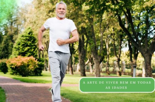 Pessoa idosa (cerca de 70-80 anos) sorrindo e praticando uma atividade leve ao ar livre (caminhada, yoga), em um ambiente vibrante e natural, simbolizando envelhecimento saudável e longevidade.