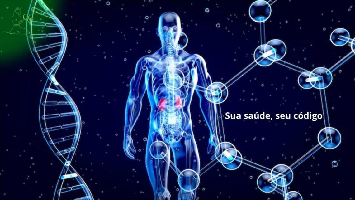 Ilustração de um DNA entrelaçado com um estetoscópio ou símbolos médicos, representando a Medicina Personalizada e a união entre genética e saúde.