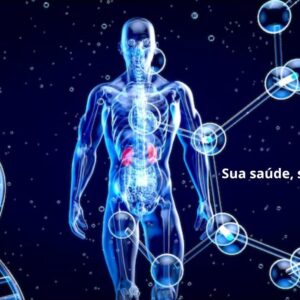 Ilustração de um DNA entrelaçado com um estetoscópio ou símbolos médicos, representando a Medicina Personalizada e a união entre genética e saúde.