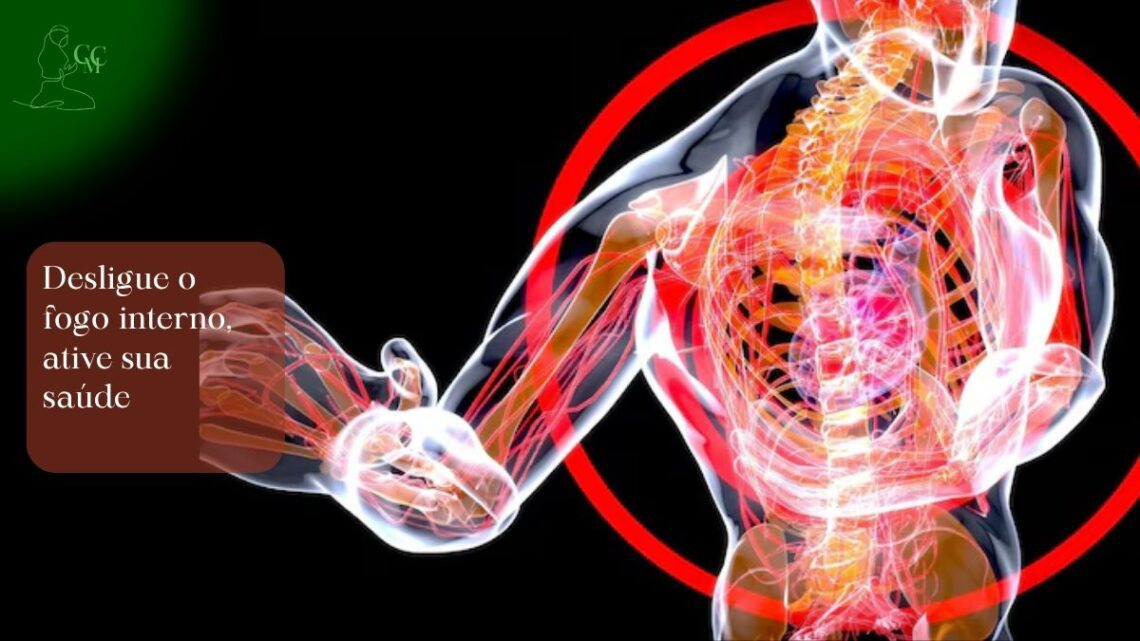 Ilustração de um corpo humano com áreas vermelhas discretas (inflamação) sendo "apagadas" por alimentos saudáveis (vegetais, peixes) e símbolos de exercícios e sono, representando a inflamação crônica silenciosa e seu combate.