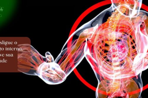 Ilustração de um corpo humano com áreas vermelhas discretas (inflamação) sendo "apagadas" por alimentos saudáveis (vegetais, peixes) e símbolos de exercícios e sono, representando a inflamação crônica silenciosa e seu combate.