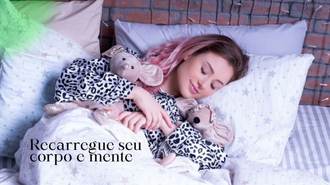 Pessoa dormindo tranquilamente em um quarto escuro e aconchegante, com símbolos de estrelas e paz, representando o sono de qualidade.