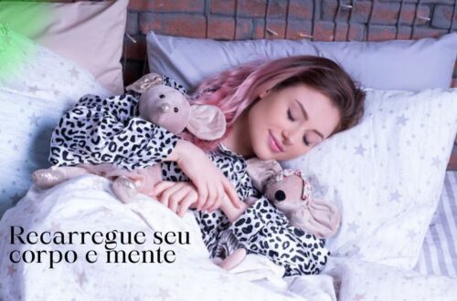 Pessoa dormindo tranquilamente em um quarto escuro e aconchegante, com símbolos de estrelas e paz, representando o sono de qualidade.