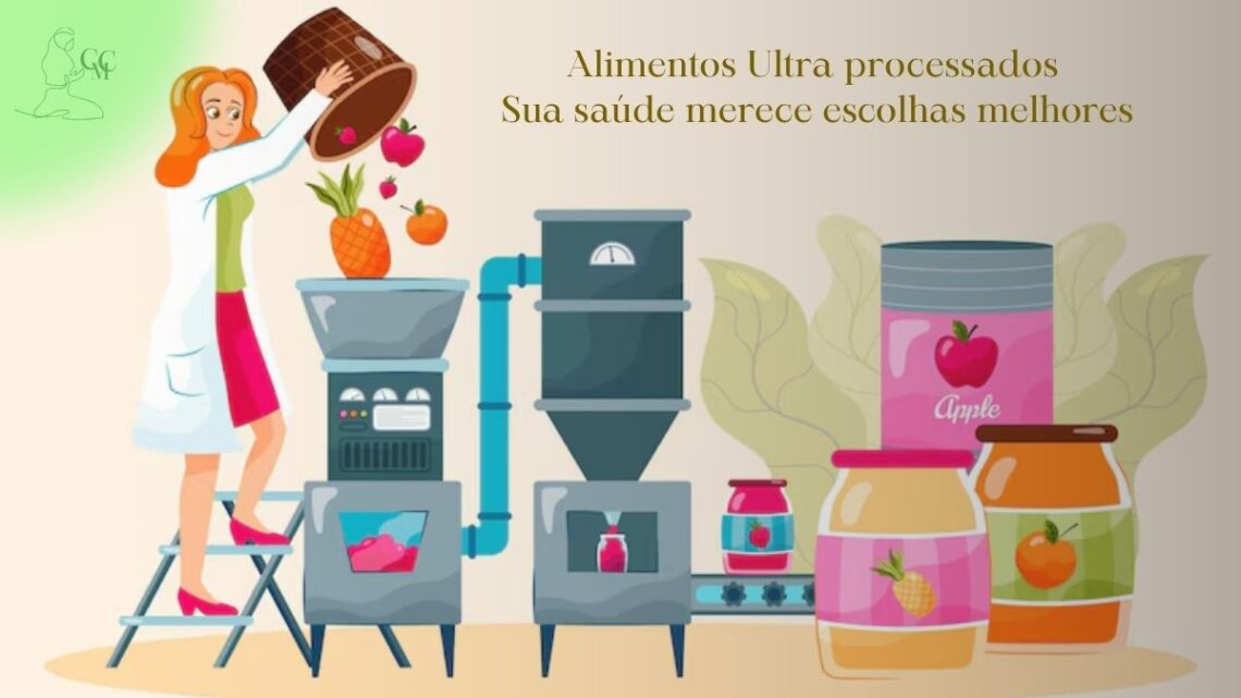 Prateleira de supermercado com alimentos ultraprocessados coloridos e, em contraste, uma cesta de compras cheia de frutas, vegetais e alimentos frescos, simbolizando a escolha por uma alimentação mais natural frente aos riscos dos ultraprocessados.