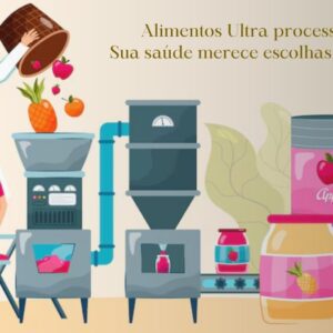 Prateleira de supermercado com alimentos ultraprocessados coloridos e, em contraste, uma cesta de compras cheia de frutas, vegetais e alimentos frescos, simbolizando a escolha por uma alimentação mais natural frente aos riscos dos ultraprocessados.