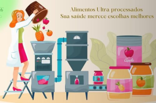 Prateleira de supermercado com alimentos ultraprocessados coloridos e, em contraste, uma cesta de compras cheia de frutas, vegetais e alimentos frescos, simbolizando a escolha por uma alimentação mais natural frente aos riscos dos ultraprocessados.