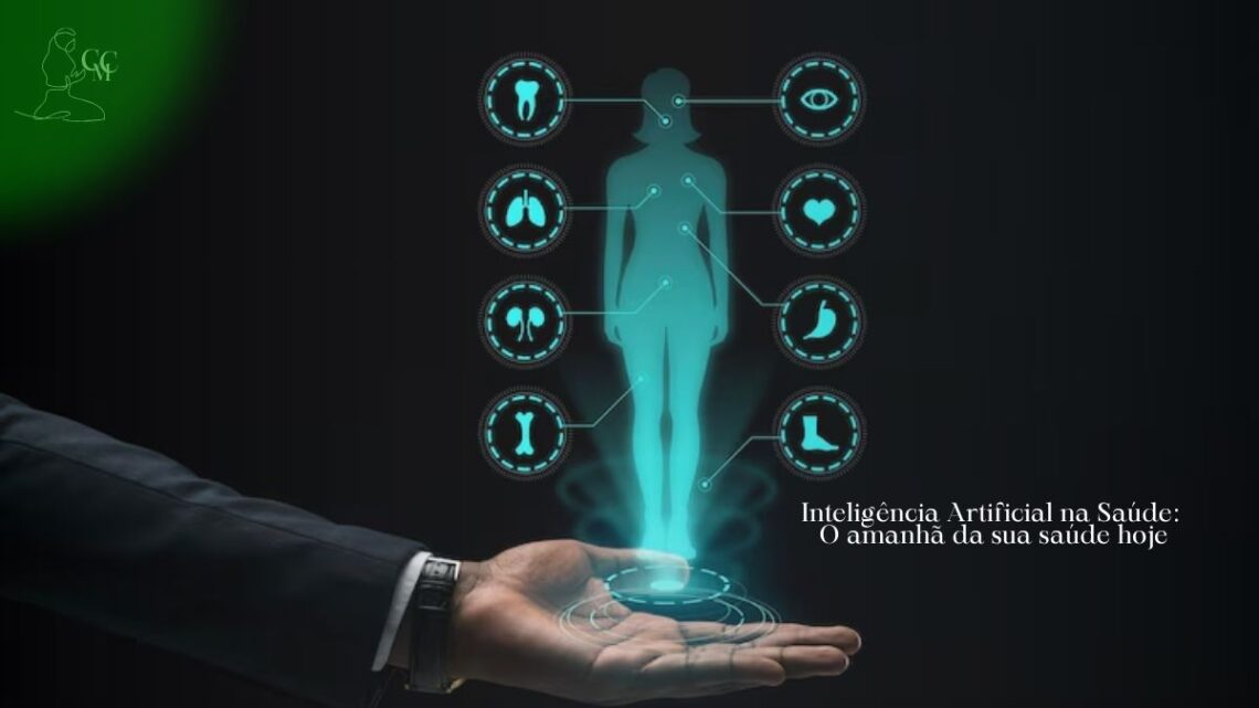 Ilustração futurista de um cérebro com circuitos integrados ou um estetoscópio digitalizado, representando a Inteligência Artificial na Saúde.