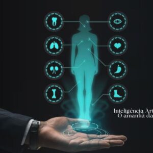 Ilustração futurista de um cérebro com circuitos integrados ou um estetoscópio digitalizado, representando a Inteligência Artificial na Saúde.