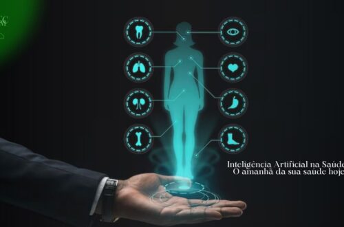 Ilustração futurista de um cérebro com circuitos integrados ou um estetoscópio digitalizado, representando a Inteligência Artificial na Saúde.