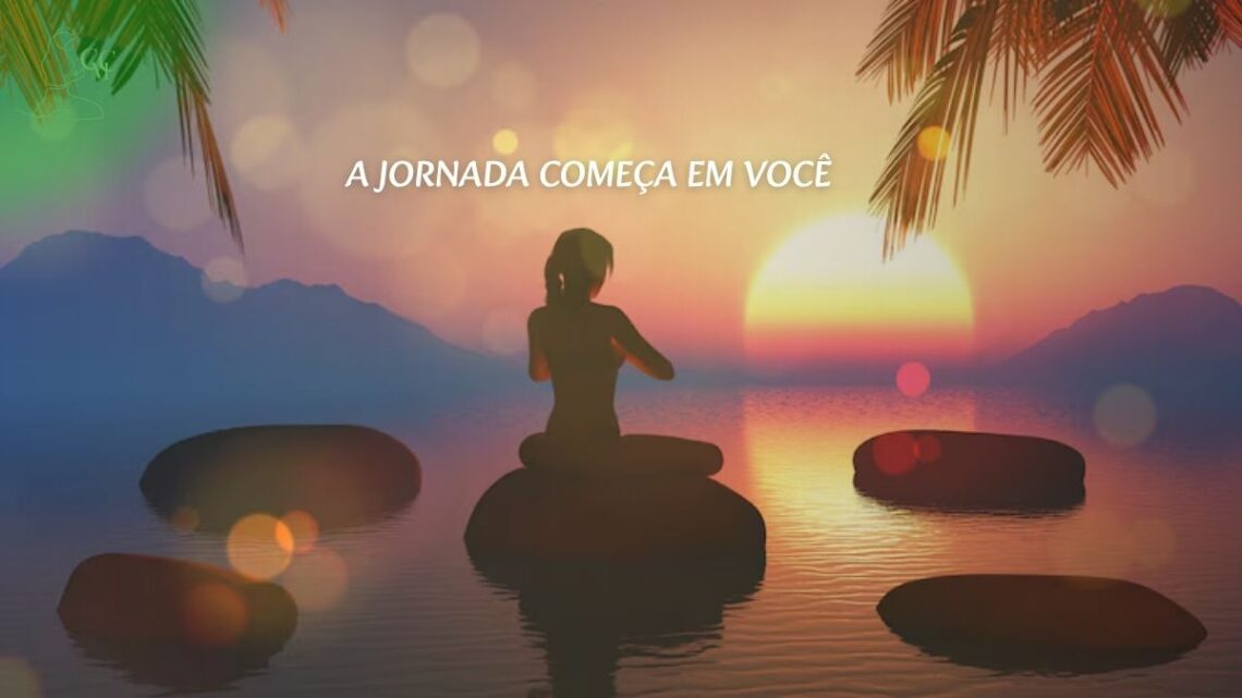 Uma pessoa em uma paisagem aberta (montanha, praia ao pôr do sol) com braços abertos, em pose de gratidão ou reflexão, com símbolos sutis de caminhos ou bússola, representando a busca por propósito de vida e felicidade.