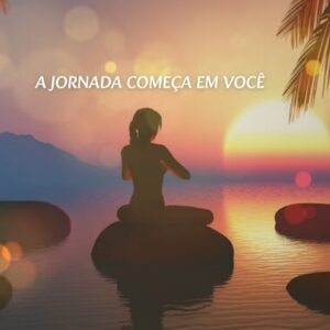 Uma pessoa em uma paisagem aberta (montanha, praia ao pôr do sol) com braços abertos, em pose de gratidão ou reflexão, com símbolos sutis de caminhos ou bússola, representando a busca por propósito de vida e felicidade.