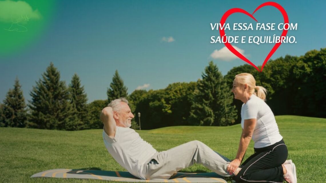 Ilustração de um casal (homem e mulher) de meia-idade, com elementos sutis que representam equilíbrio e bem-estar (como um yin-yang ou folhas verdes), simbolizando a transição saudável da menopausa e andropausa.