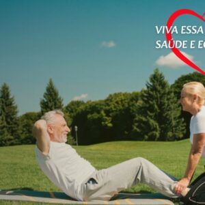 Ilustração de um casal (homem e mulher) de meia-idade, com elementos sutis que representam equilíbrio e bem-estar (como um yin-yang ou folhas verdes), simbolizando a transição saudável da menopausa e andropausa.