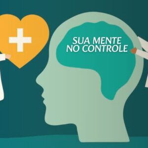 Uma cabeça humana com ícones de redes sociais flutuando ao redor, alguns brilhantes e outros em tons mais escuros, simbolizando o impacto das redes sociais na saúde mental. Pode haver um símbolo de equilíbrio ou uma balança.
