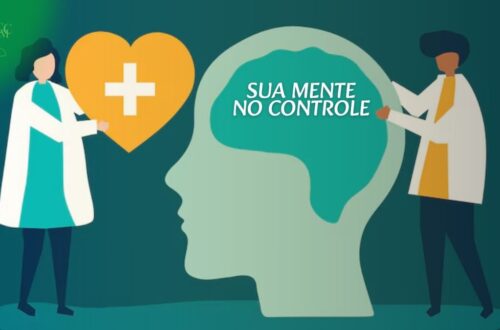 Uma cabeça humana com ícones de redes sociais flutuando ao redor, alguns brilhantes e outros em tons mais escuros, simbolizando o impacto das redes sociais na saúde mental. Pode haver um símbolo de equilíbrio ou uma balança.
