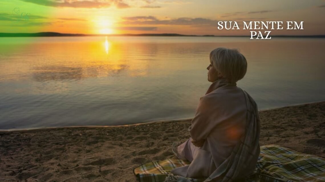 Pessoa meditando em posição de lótus, com folhas verdes ao redor e um brilho suave na cabeça, simbolizando mindfulness e redução do estresse.