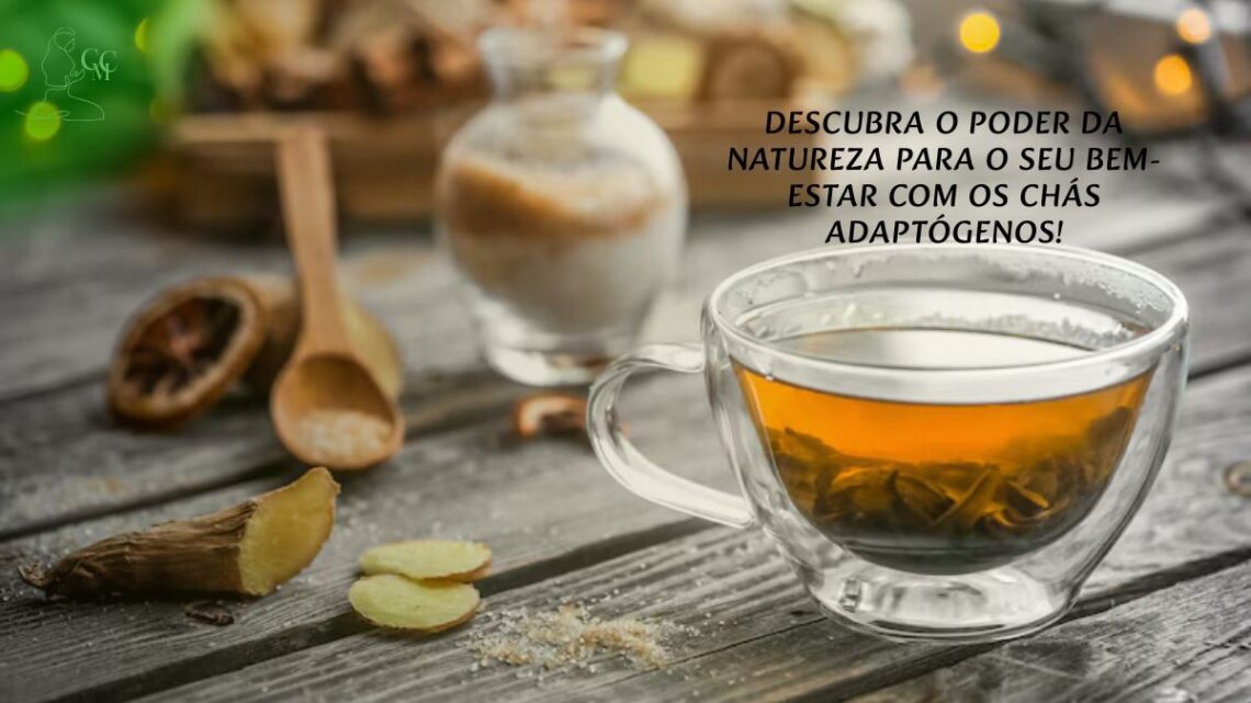 Xícara de chá fumegante com ervas adaptógenas ao redor (ashwagandha, rhodiola, ginseng).