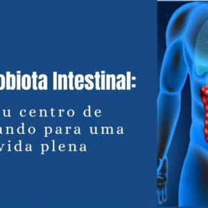 Ilustração colorida e amigável do intestino humano com pequenas bactérias e alimentos saudáveis ao redor, simbolizando a microbiota intestinal e sua relação com a saúde.