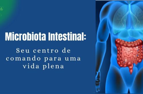 Ilustração colorida e amigável do intestino humano com pequenas bactérias e alimentos saudáveis ao redor, simbolizando a microbiota intestinal e sua relação com a saúde.