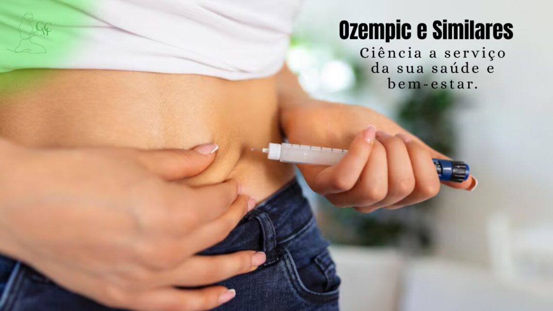 Uma balança digital indicando perda de peso, com um frasco de medicamento injetável (tipo caneta) e símbolos de alimentação saudável ao fundo, representando os benefícios dos Ozempic e similares para a saúde e controle de peso.