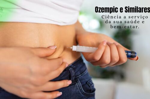 Uma balança digital indicando perda de peso, com um frasco de medicamento injetável (tipo caneta) e símbolos de alimentação saudável ao fundo, representando os benefícios dos Ozempic e similares para a saúde e controle de peso.