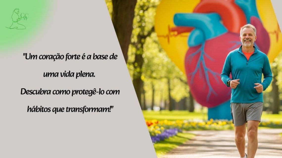 Pessoa sorrindo praticando caminhada em um parque, com um coração estilizado ao fundo, simbolizando a saúde cardiovascular e hábitos saudáveis.