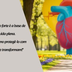 Pessoa sorrindo praticando caminhada em um parque, com um coração estilizado ao fundo, simbolizando a saúde cardiovascular e hábitos saudáveis.