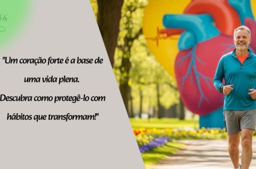 Pessoa sorrindo praticando caminhada em um parque, com um coração estilizado ao fundo, simbolizando a saúde cardiovascular e hábitos saudáveis.