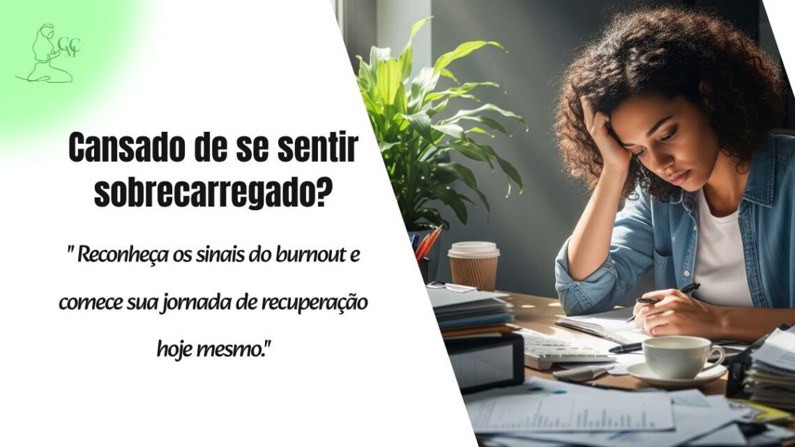 Pessoa sentada em uma mesa de escritório, com expressão cansada e sobrecarregada, mas com um feixe de luz ou uma planta verde ao lado, simbolizando a busca por recuperação do burnout.