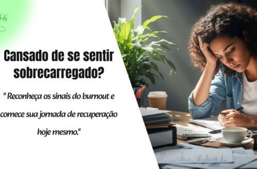 Pessoa sentada em uma mesa de escritório, com expressão cansada e sobrecarregada, mas com um feixe de luz ou uma planta verde ao lado, simbolizando a busca por recuperação do burnout.
