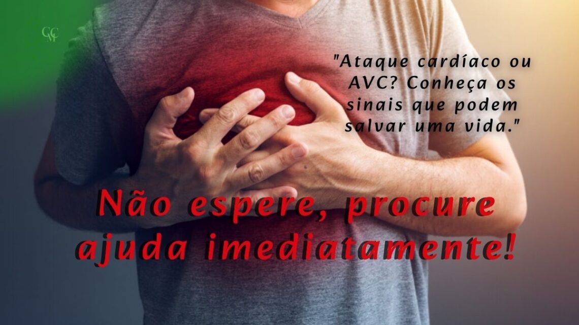 Pessoa sentindo dor no peito, com um ícone de ambulância no fundo e setas indicando sintomas de alerta, simbolizando a urgência em identificar sinais de emergência cardíaca.