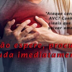 Pessoa sentindo dor no peito, com um ícone de ambulância no fundo e setas indicando sintomas de alerta, simbolizando a urgência em identificar sinais de emergência cardíaca.