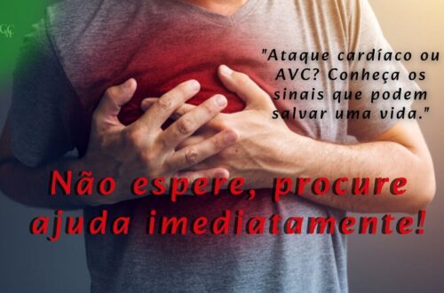 Pessoa sentindo dor no peito, com um ícone de ambulância no fundo e setas indicando sintomas de alerta, simbolizando a urgência em identificar sinais de emergência cardíaca.