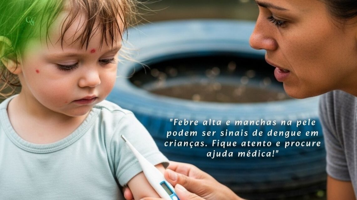 Criança com manchas vermelhas na pele e termômetro, pais preocupados, simbolizando sintomas de dengue em bebês e crianças e a necessidade de atenção.