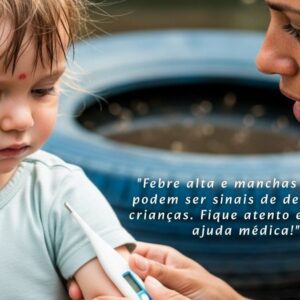 Criança com manchas vermelhas na pele e termômetro, pais preocupados, simbolizando sintomas de dengue em bebês e crianças e a necessidade de atenção.