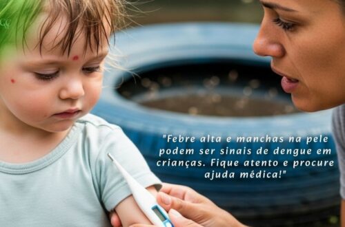 Criança com manchas vermelhas na pele e termômetro, pais preocupados, simbolizando sintomas de dengue em bebês e crianças e a necessidade de atenção.