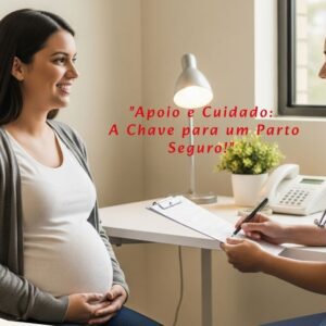 Mulher grávida sorrindo em consulta com enfermeira obstétrica, simbolizando a qualidade do cuidado materno e a prevenção da mortalidade materna.