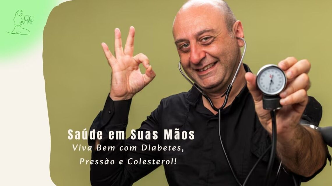 Uma pessoa de meia-idade sorrindo e monitorando a pressão arterial em casa, com frutas, vegetais e tênis de corrida ao lado, simbolizando o manejo de doenças crônicas através de um estilo de vida saudável.