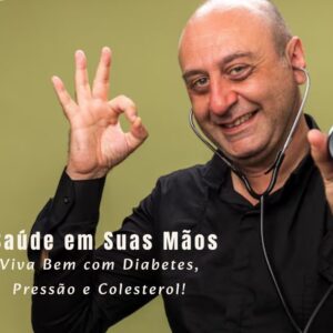 Uma pessoa de meia-idade sorrindo e monitorando a pressão arterial em casa, com frutas, vegetais e tênis de corrida ao lado, simbolizando o manejo de doenças crônicas através de um estilo de vida saudável.