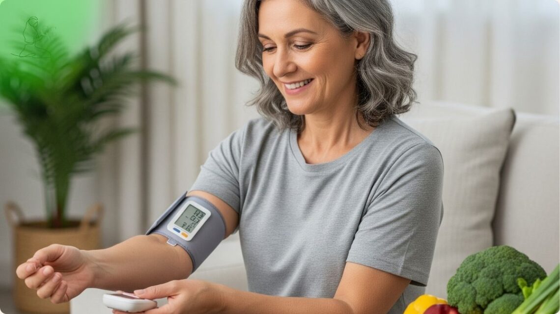 Uma pessoa de meia-idade, com cabelos grisalhos e um sorriso radiante, monitora sua pressão arterial em casa com um aparelho de braço digital. Ela está sentada em uma cadeira em um ambiente aconchegante e iluminado por luz natural, cercado por elementos que simbolizam um estilo de vida saudável.