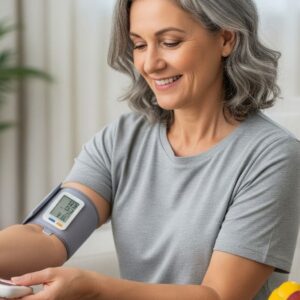 Uma pessoa de meia-idade, com cabelos grisalhos e um sorriso radiante, monitora sua pressão arterial em casa com um aparelho de braço digital. Ela está sentada em uma cadeira em um ambiente aconchegante e iluminado por luz natural, cercado por elementos que simbolizam um estilo de vida saudável.