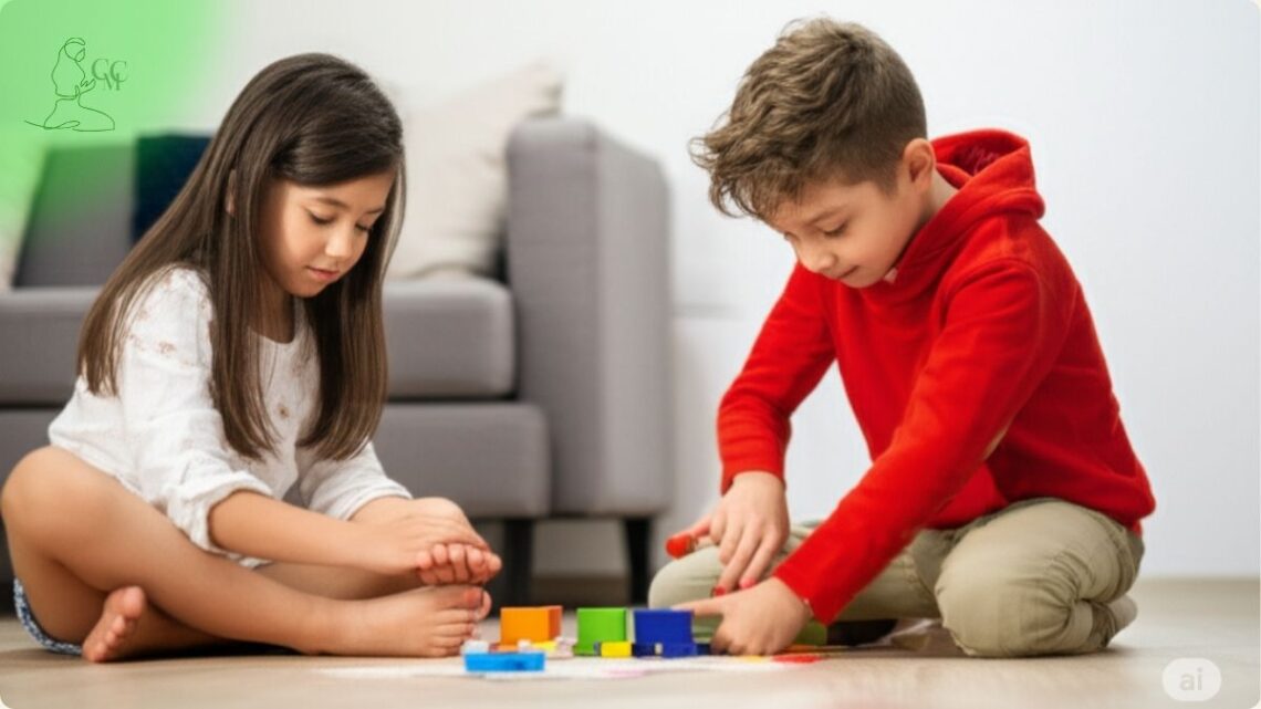 Duas crianças pequenas concentradas brincando juntas com blocos coloridos no chão de uma sala de estar, com um sofá ao fundo, simbolizando o impacto positivo do desenvolvimento infantil e o uso saudável de telas ao priorizar brincadeiras interativas.