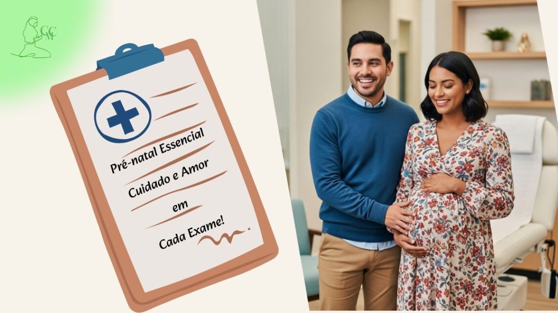 Casal feliz e sorridente, com a gestante, uma jovem hispânica de cabelos escuros, segurando sua barriga, olhando para frente em um consultório médico claro e espaçoso. A mulher está vestindo um vestido de maternidade esvoaçante com estampa floral, enquanto o homem ao lado dela está usando um suéter casual e calças chino. Ambos estão sorrindo radiantemente, refletindo uma sensação de antecipação e alegria. O consultório médico é projetado com uma estética contemporânea, usando linhas limpas e paletas de cores quentes, simbolizando a importância dos Exames de Pré-natal Essenciais e o apoio durante a gravidez.