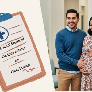 Casal feliz e sorridente, com a gestante, uma jovem hispânica de cabelos escuros, segurando sua barriga, olhando para frente em um consultório médico claro e espaçoso. A mulher está vestindo um vestido de maternidade esvoaçante com estampa floral, enquanto o homem ao lado dela está usando um suéter casual e calças chino. Ambos estão sorrindo radiantemente, refletindo uma sensação de antecipação e alegria. O consultório médico é projetado com uma estética contemporânea, usando linhas limpas e paletas de cores quentes, simbolizando a importância dos Exames de Pré-natal Essenciais e o apoio durante a gravidez.