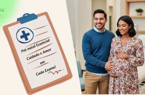 Casal feliz e sorridente, com a gestante, uma jovem hispânica de cabelos escuros, segurando sua barriga, olhando para frente em um consultório médico claro e espaçoso. A mulher está vestindo um vestido de maternidade esvoaçante com estampa floral, enquanto o homem ao lado dela está usando um suéter casual e calças chino. Ambos estão sorrindo radiantemente, refletindo uma sensação de antecipação e alegria. O consultório médico é projetado com uma estética contemporânea, usando linhas limpas e paletas de cores quentes, simbolizando a importância dos Exames de Pré-natal Essenciais e o apoio durante a gravidez.